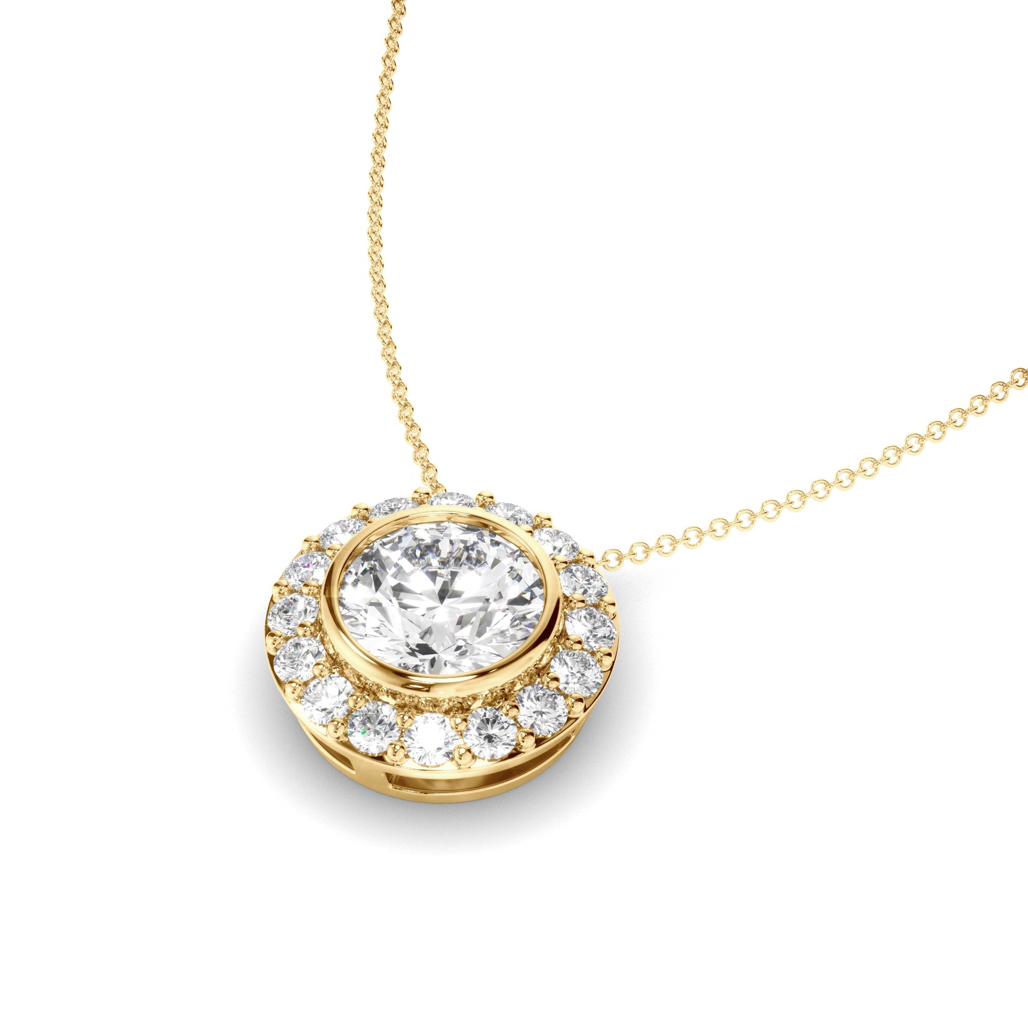 Round Brilliant Cut Diamond Bezel Set Halo Necklet